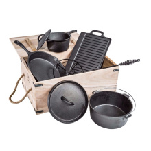 7-Piece Cast Iron Camping Pot Cookware Set with Wooden Box